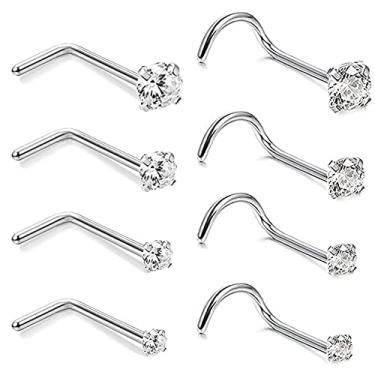 Imagem de Vitaltyextracts Conjunto de piercing de nariz hipoalergênico 8 peças, 20 G, de aço cirúrgico, com diamantes redondos, Aço inoxidável, Zircônia cúbica