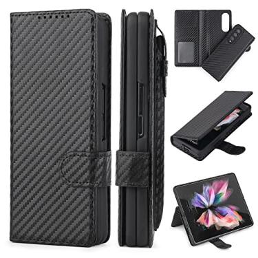 Imagem de Estojo destacável para Samsung Galaxy Z Fold 3 Fold 4 Moda Couro PU Magnetic Kickstand Cover com Stylus, Fibra de Carbono Preto, Para Samsung Z Fold 3