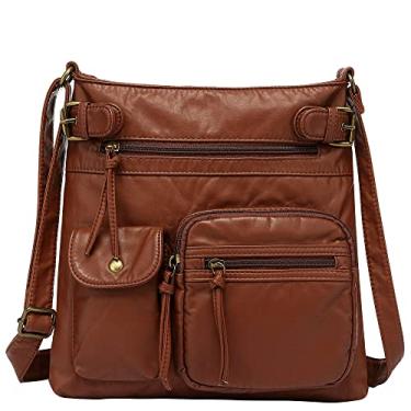 Imagem de Bolsa transversal Scarleton com vários bolsos para mulheres, bolsa de ombro de couro vegano ultramacia lavada, H1833, Brown M, Medium