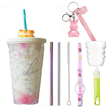 Imagem de Copo de viagem floral com canudo copo de sorvete congelador caneca de piquenique (floco amarelo, 450 ml)