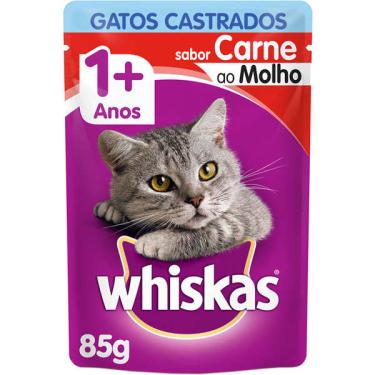 Imagem de Ração Úmida Whiskas Sachê Carne ao Molho para Gatos Adultos Castrados - 85 g