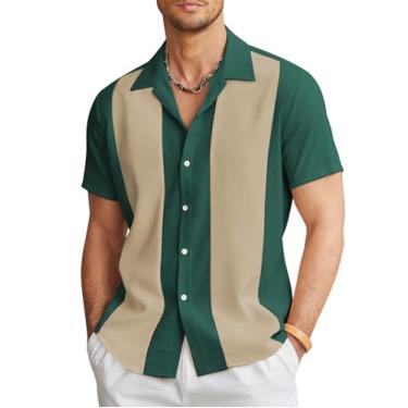 Imagem de COOFANDY Camisa masculina vintage de boliche manga curta abotoada verão Cuba Beach Shirts, Cáqui verde-lago, M