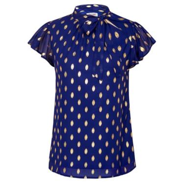 Imagem de GRACE KARIN Tops de verão para mulheres 2024 blusa de manga com babados e gola redonda plissada de chiffon camisa casual de negócios, Azul royal, P