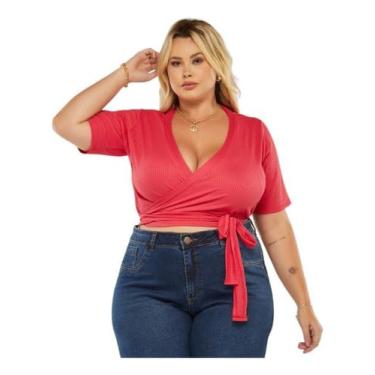 Imagem de Cropped Com Amarraçao Transpassado Plus Size Decotado (G3, PINK)