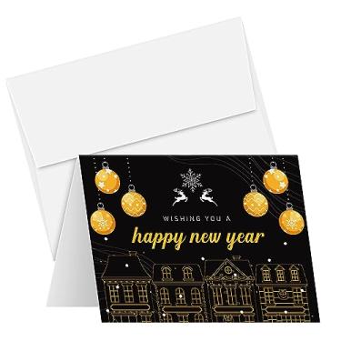 Imagem de Cartões comemorativos Happy New Year Holiday 2022 – Cartões e envelopes dobrados em branco, cartões de emoji divertidos – para presentes e e ano novo | 25 cartões e 25 envelopes por pacote | 10,8 x 14 cm (tamanho A2)