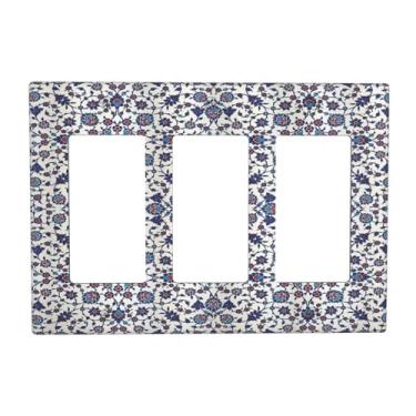 Imagem de Wpshijia Marroquino azul floral vitoriano rococó barroco 3 interruptores de luz interruptor de tomada tripla placa de parede decorativa placa de interruptor placa de interruptor placa frontal GFCI
