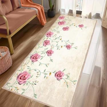 Imagem de Tapete floral para corredor 5 x 15 cm lavável tapete de cozinha, rosas florais chiques, tapete de área vintage, tapete antiderrapante, tapete de entrada interna, tapete floral para corredores, quarto