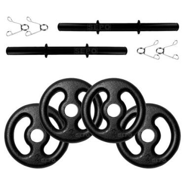 Imagem de Halter de 8Kg com 2 Barras Tubo Oca Preta 40cm + 4 Anilhas de 2Kg - SE