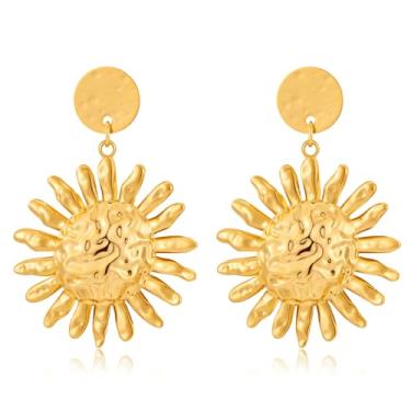 Imagem de GREICHFAN Brincos de sol dourados para mulheres, brincos redondos modernos, boêmios, vintage, Medium, Latão, Sem pedra preciosa