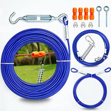 Imagem de Sistema de carrinho de amarrar para cães resistentes para um/dois cães pequenos e grandes – cabo de corrida para cães de 75/30,5 m, tirolesa para quintal e acampamento ao ar livre (azul, 23 m para um