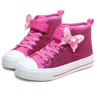 Imagem de Toandon Criança meninas crianças tênis glitter sapatos de lona brilho alto superior criança alças de gancho ajustável velcro antiderrapante leve caminhada ao ar livre borboleta rosa tamanho
