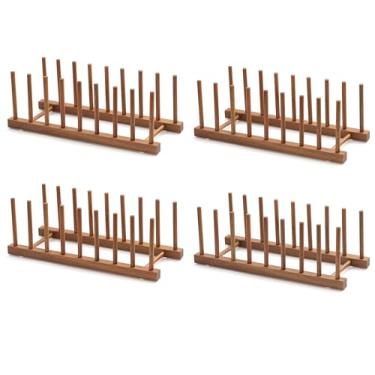 Imagem de HBlife 4Pcs Acácia Madeira Prato Morrendo Escorredor Tampa de Panela Organizador de Pratos Suporte para Gabinete, Tábua de Corte Suporte Escorredor de Armazenamento de Pratos para,Acácia 8 Slots 4Pcs