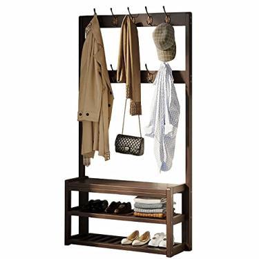 Imagem de Cabideiro de entrada 3 em 1, banco de sapato, árvore de madeira resistente com banco de armazenamento e 9 ganchos removíveis, banco organizador de armazenamento, suporte de sapato, fácil montagem