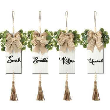 Imagem de Liliful 4 peças de decoração de parede boho para banheiro 11,8 x 4,7 polegadas, relaxar, molhar, desenrolar, respirar, placa de banheiro com folhas artificiais e contas rústicas, arte de parede