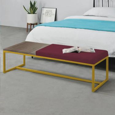 Imagem de Calçadeira Recamier Londres 140cm Industrial Dourado Suede Bordô Tampo Quadrado mdf Rús...