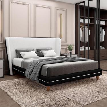 Imagem de Conjunto Cama Com Cabeceira Queen Torres Pés Em Madeira Pu/bouclê Preto/off White G91 - Gran Belo