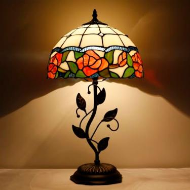 Imagem de AVIVADIRECT Luminária De Mesa Estilo Flor Rosa Tiffany Com Vitral, Luminária De Mesa De Cabeceira, Luz De Leitura, 30X30X48 Cm, Com Base De Folha De Metal, Decoração Para Quarto E Sala De Estar