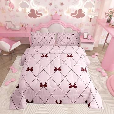 Imagem de Feelyou Conjunto de edredom Queen com laço, gravata borboleta, nó de príncipes, desenho animado, laço, aquarela, patchwork, conjunto de edredom rosa pêssego