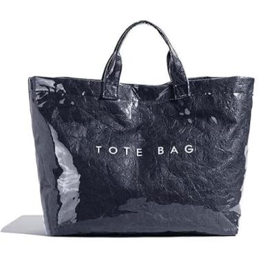 Imagem de Lushandy Sacola feminina de PVC com estampa de letras, sacolas grandes de papel kraft de plástico, bolsa Hobo de designer transparente, Azul-marinho 02, One Size