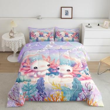 Imagem de Feelyou Lindo conjunto de edredom Axolotl, tamanho casal, 3 peças, para meninos e meninas, estampa de sereia roxa com tema de animais do oceano, colcha com 2 travesseiros