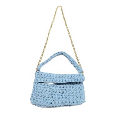 Imagem de Bolsa de Crochê Artesanal com Alça de Corrente Dourada, Azul Claro, Estilo Casual