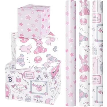 Imagem de LeZakaa Rolo de papel de embrulho rosa para chá de bebê, balão de urso, estrelas de brinquedo para chá de bebê, primeiro aniversário, festa de recém-nascidos, mini rolo com linhas de corte, 43 x 304