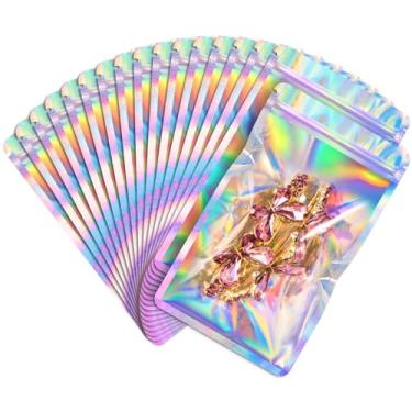 Imagem de FUNFERY Pacote com 100 sacos holográficos de janela transparente de canto redondo, sacos resseláveis, bolsa com zíper Mylar, bolsa de embalagem para doces, joias, sabonete, pincéis, suprimentos para