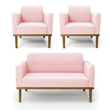 Imagem de Sofá Namoradeira Com 2 Poltronas Base De Madeira Fixa Castanho Marisa Suede D03 - D?rossi Cor Rosa Bebê