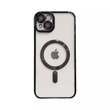 Imagem de Capa Nehina Store compatível com iPhone 15 Plus, galvanizada, transparente, fina, à prova de choque, magnética segura [compatível com MagSafe] Capa protetora feminina, masculina, menina, menino, preta