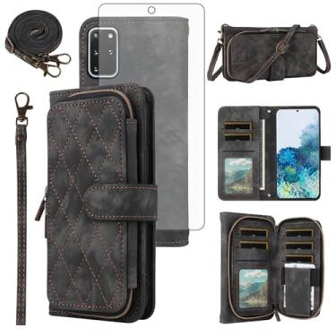 Imagem de Capa de celular para Samsung Galaxy S20 Plus S20+ 5G carteira celular com protetor de tela de vidro temperado alça transversal alça flip zíper bolsa porta-cartões S20+5G S20plus 20S + S2O S 20 20+ G5