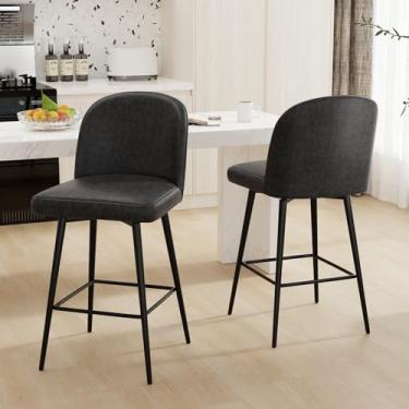 Imagem de Vipbear Bancos de bar giratórios de 76 cm, conjunto de 2 bancos de bar estofados espessos, cadeiras de bar de couro modernas com encosto alto, pernas de madeira para bar, ilha de cozinha, sala de