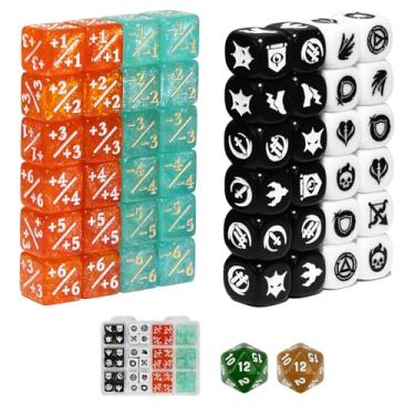 Imagem de FourDragons 50 Pieces 12mm MTG Abilities Keywords Icon Creature Stats Life Counters Dice Set with Box, MTG +1/+1 Buff Life Tokens Mini Dice for Magic The gatering TCG CCG Magic Card Games Accessories