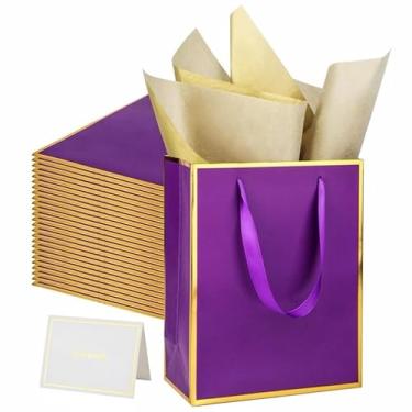 Imagem de UoeRing Pacote com 25 sacos de presente de agradecimento com alças 24 x 19 x 9,5 cm, sacos de presente de aniversário médios com papel de seda e cartão para casamento, madrinha, feriados, chá de bebê