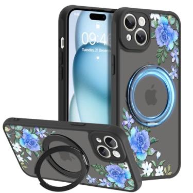 Imagem de AIGOMARA Suporte magnético giratório de 360° para iPhone 15 Plus, compatível com MagSafe, estampa floral com TPU macio e proteção traseira de policarbonato design fosco semitransparente para mulheres