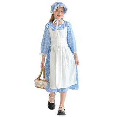 Imagem de Happy Cherry Conjunto de vestidos florais pioneiros colonial 1800 vestido renascentista 3 peças/4 peças 3-15 anos, 3 peças, azul, 13-14 Anos