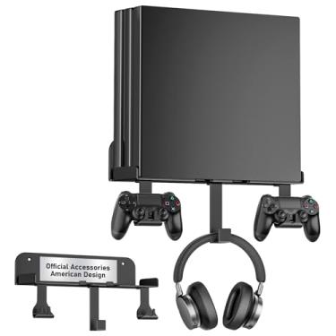 Imagem de Wall Mount for PS4 Pro with Detachable 2 Controller Holder & Headphone Hanger Metal Wall Mount Stand Kit Mount on The Wall Or on The Back Of The TV, Compatible with PS4 Pro