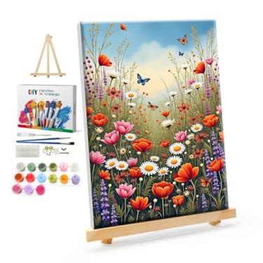 Imagem de YOYA Kit de pintura emoldurada por números para adultos – kit de pintura de flores por números em tela com cavalete, pintura de flores DIY por número tela emoldurada para decoração de parede de casa