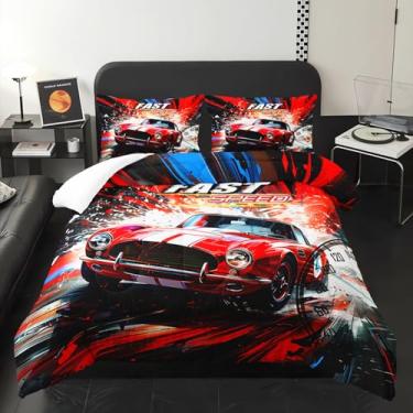 Imagem de XYNHML Jogo de cama com tema de carro de corrida vermelho, 3 peças, Queen Cool Speed Sports Car Fast and Furious para crianças, adolescentes, meninas, meninos, adultos, esportes radicais, decoração de