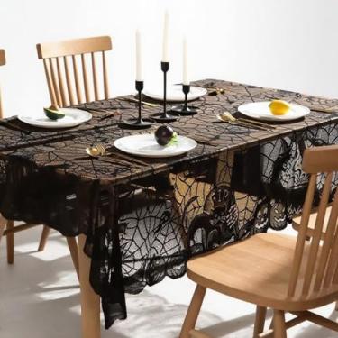 Imagem de JanYoo Toalha de mesa de Halloween 137 x 182 cm, retangular, decoração de festa de Halloween, teia de aranha, morcego, bruxa, renda preta, decoração de mesa para ambientes internos e externos. Banner