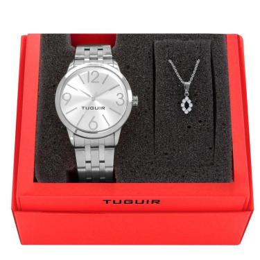 Imagem de Kit Relógio Feminino Tuguir Analógico Tg148 - Prata Com