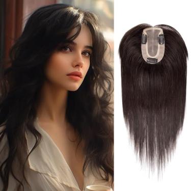 Imagem de JIAJIA Teresa Topper de cabelo humano de 25 cm com franja, 7 * 12 cm com base mono amarrada à mão inteira com franja clipe reto em topos de cabelo humano para mulheres com queda de cabelo/queda de