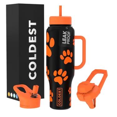 Imagem de Copo Coldest com alça e canudo, copo isolado 100% à prova de vazamento com tampa e canudo (3 tampas), copos de aço inoxidável para mulheres e homens, base compatível com porta-copos, 1,304 g (patas de