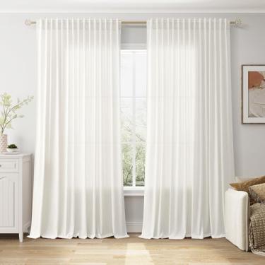 Imagem de Cortinas brancas bege extra largas de 246 cm de comprimento para sala de estar, filtragem de luz, cortinas transparentes para decoração de quarto costeiro, cortina de linho para casa de fazenda para
