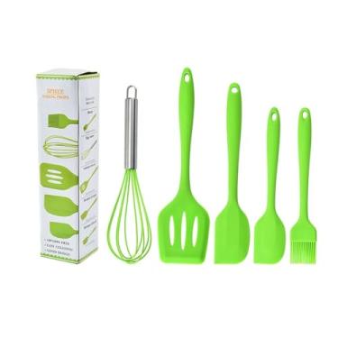 Imagem de Kit 5 Utensílios de Cozinha em Silicone Premium – Espátulas, Pincel e Batedor Resistente (Verde)