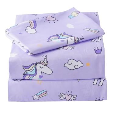 Imagem de Bunnikins & Clover Jogo de lençol solteiro infantil unicórnio, 3 peças, microfibra macia, com bolso profundo, roxo para meninos e meninas