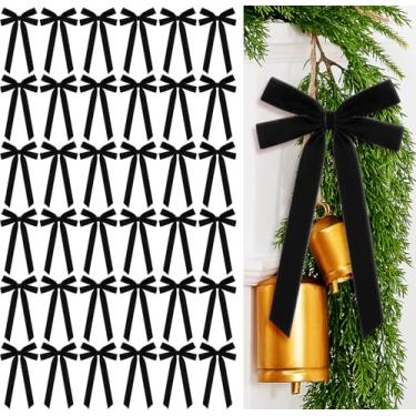Imagem de Glitinsel 36 laços de fita de veludo 13 x 25,8 cm pré-amarrados de veludo preto de Natal decorações de árvore de Natal laço de embalagem de presente para guirlanda de Natal, guirlanda, escada