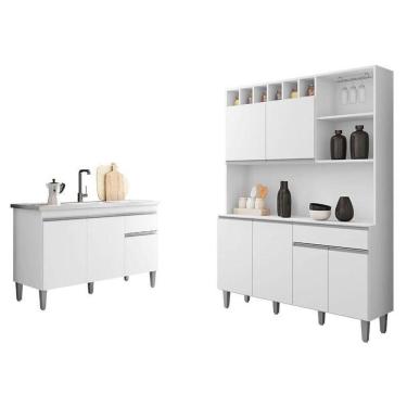 Imagem de Balcão De Pia Tatiane 120 Cm E Armário Cozinha Kit Alice Branco Brilho - Ajl
