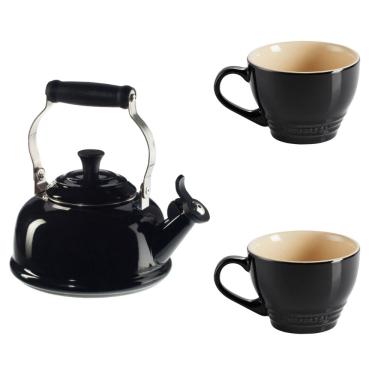 Imagem de KIT LE CREUSET CHALEIRA TRADICIONAL 1,6L COM APITO E 2 CANECAS BISTRÔ 400ML BLACK ONYX