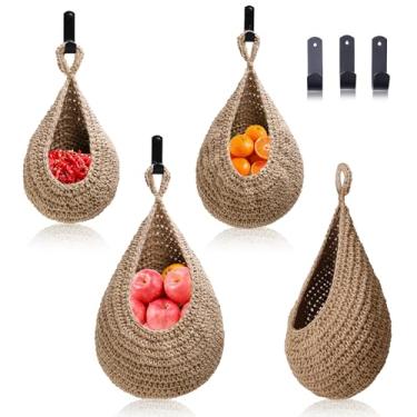 Imagem de MKO SHUN Conjunto de 3 cestas grandes de frutas para pendurar, boho para pendurar na parede, suporte de rede em forma de gota feito à mão para frutas, vegetais em casa e restaurante, cozinha com