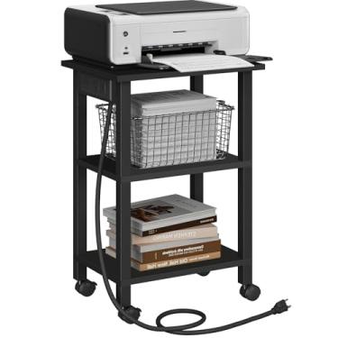 Imagem de TUTOTAK Suporte de impressora de 3 níveis, carrinho de impressora com tomadas elétricas e portas USB, mesa de impressora móvel com rodas, para embaixo da mesa, escritório, casa, Greige PS02BK001